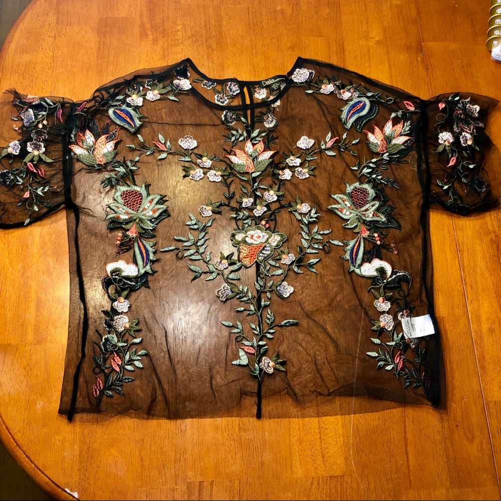 See Through Black Nylon T-Shirt with Flowers